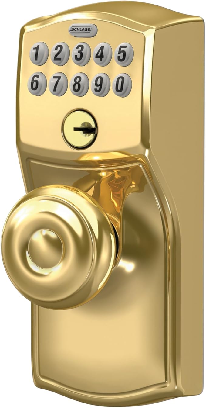 SCHLAGE FE595 CAM 505 GEO Camelot Keypad Entry with Flex-Lock and Georgian Style Knobs, Bright Brass, Georgian Knob