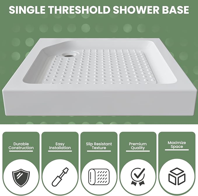 36" L x 36" W x 5.5" D Shower Base with Corner Drain, Shower Pan with Slip Resistant Textured Surface, White Acrylic and Fiberglass Shower Floor Base, Drain and Cover Included