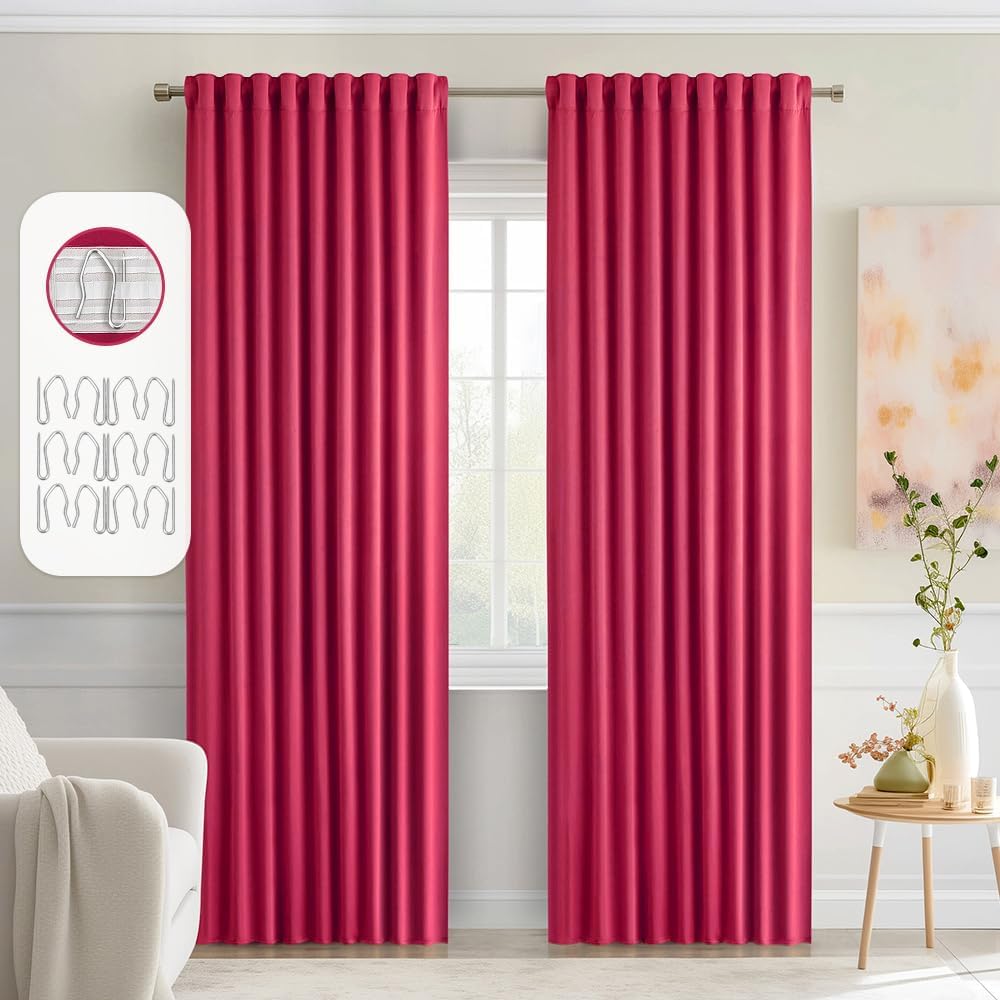 MIULEE Hot Pink Back Tab Blackout Curtains 90 Inches Long 2 Panels Set for Living Room Bedroom Privacy, Rod Pocket/Pinch Pleat Thermal Insulated Room Darkening Pleated Light Blocking Drapes