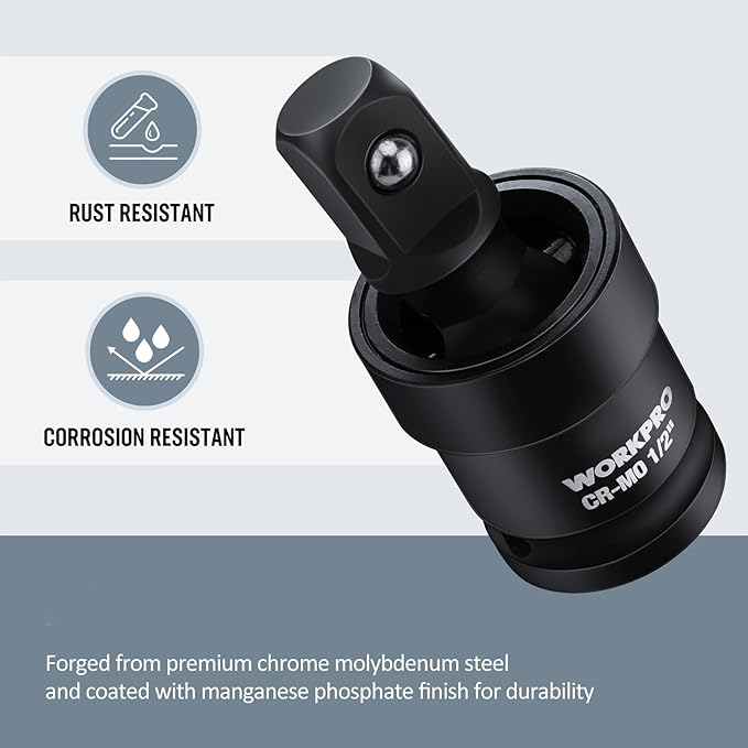 WORKPRO Impact Universal Joint Set, 3 Piece-1/2", 3/8", 1/4"Inch Drive Swivel Socket Set, Socket Adapter Set, Premium CR-MO Steel, Impact Grade, 360 Degree Rotation for Various Angles