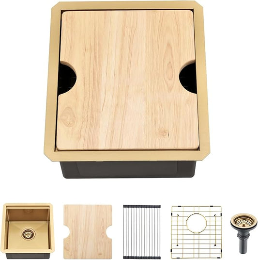 Undermount Gold Bar Sink, 12 x 15 inch Undermount Wet Bar Sink 16 Gauge Stainless Steel Brushed Gold Basin for Outdoor RV Kitchen