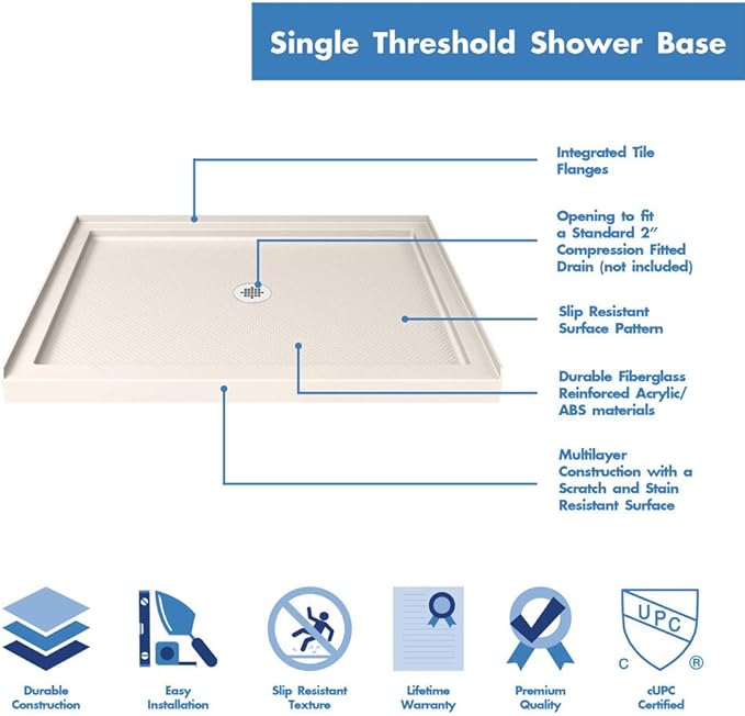 DreamLine SlimLine 42 in. D x 42 in. W x 2 3/4 in. H Center Drain Single Threshold Shower Base in Biscuit, DLT-1142420-22