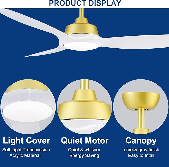 Sevenine Ceiling Fan with Light,White Gold Ceiling Fan,3 Blades,Downrod,6 Speed Adjustable,Dimmable LED,3 Timers,Reversible DC Motor, for Patio Living Room Bedroom Dining Room (White Gold, 52)