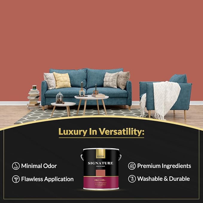 EVOLVE Signature Paint & Primer: Luxury Paint & Primer for Indoor & Outdoor Surfaces, Minimal Odor, Eggshell Sheen (Brick Red, 1 Gallon)