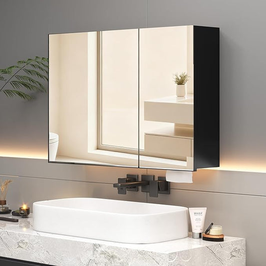 24 x 35.4 inch Bathroom Medicine Cabinet with Mirror, Black Metal Framed Mirror Medicine Cabinet with Storage, Pre-Assemble Medicine Cabinets for Bathroom, Recessed or Surface Mount