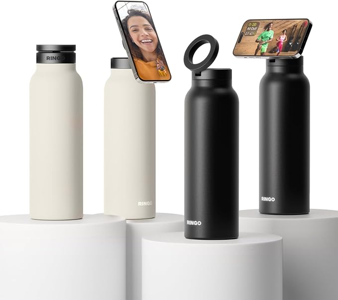 Ringo Insulated Water Bottle - Compatible MagSafe Water Bottle w/Phone Holder - Stainless Steel School Water Bottle w/Magnetic Phone Mount for Kids & Adult-Hot 12H, Cold 24H 360° Rotate - Black 24oz
