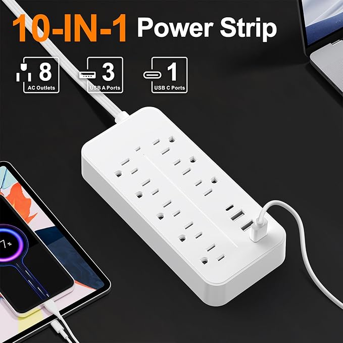 5FT Surge Protector Flat Extension Cord, ETL Listed Flat Plug Power Strip, 8 AC Outlets, 4 USB Charger(1 USB C Port),1700 Joules Protection, Office Supplies, Dorm Room Essentials White