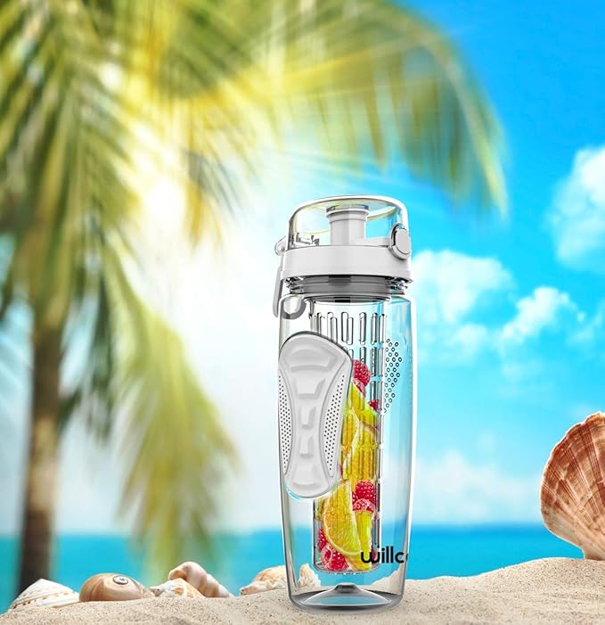 Fruit Infuser Water Bottle 32oz- Durable, Large - BPA Free Tritan, Flip Lid, Leak Proof Design - Sports, Camping