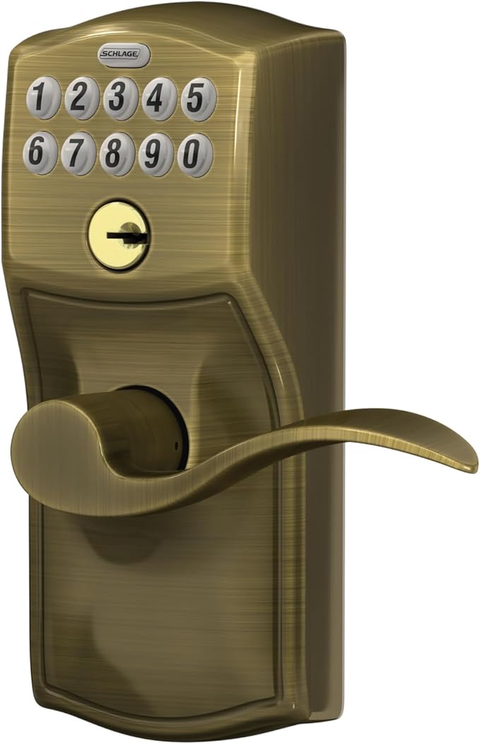 SCHLAGE FE595 CAM 609 ACC Camelot Keypad Entry with Flex-Lock and Accent Levers, Antique Brass