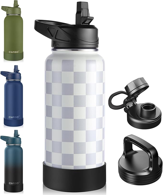 CIVAGO 32 oz Insulated Water Bottle With Straw, Stainless Steel Sports Water Flask Cup with 3 Lids (Straw, Spout and Handle Lid), Double Walled Travel Thermal Canteen Mug, Checkmate