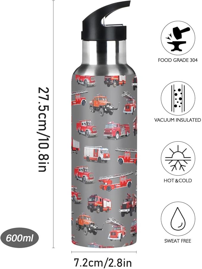 Fire Truck Stainless Steel Water Bottle with Straw Lid - 20 Oz Sports Insulated Water Bottle Thermos for Sport Gym Outdoor Travel School (DZ006)