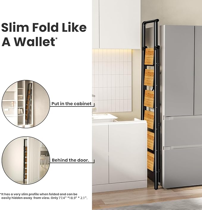 6 Step Ladder for 12 Ft High Ceiling, Folding Step Stool with Handgrip & Anti-Slip Wide Pedal, Portable Aluminum Stepladder for Kitchen, Home (300 lbs Capacity) - Black+Wood Grain