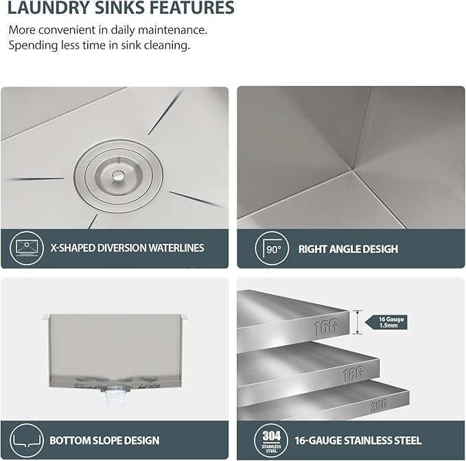 Lordear 24 Laundry Sink Stainless Steel - 24" x 19" x 13" Undermount Sink Single Bowl 16 Gauge Stainless Steel Deep Laundry Room Utility Sinks Handmade Under Counter Kitchen Basin