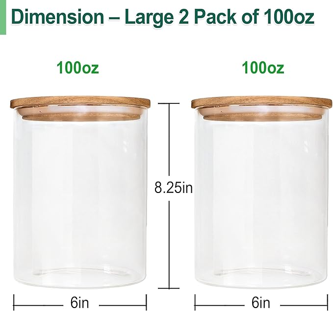 Urban Green Glass Jars with Airtight Lids, Airtight Glass Canisters set, Large Food Storage Containers with Wood Lids, 2 Pack of 100oz， Dry Food Pantry Jars, Flour Containers