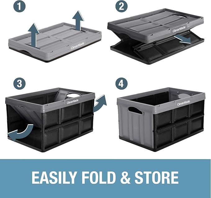 CleverMade Collapsible Storage Bins - Ocean 3 Pack 62L / 16 Gal holds 100 lbs - Stackable Containers Heavy Duty Capacity Crates-Space-Saving
