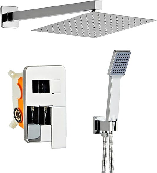 Bathroom Shower System 8 Inch Rain Shower Head and Handheld Wall Mounted, High Pressure Rainfall Dual Shower Combo Set with Valve and trim, Luxury Rain Mixer Brushed Silver Shower Faucet