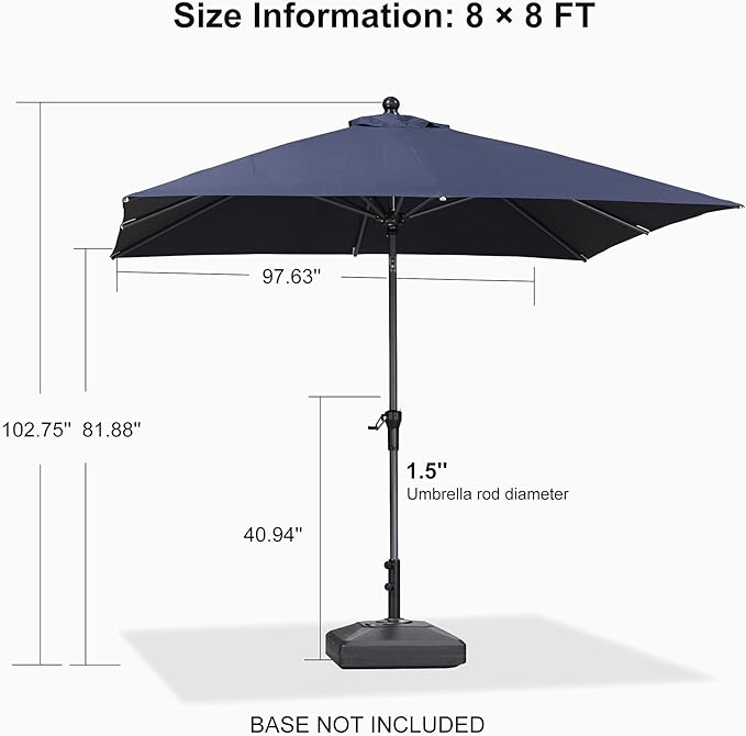 PURPLE LEAF 8' x 8' Square Patio Umbrella Outdoor Table Umbrella Aluminum Frame Market Umbrella Sun Umbrella with 8 Sturdy Ribs Tilt for Garden Deck Lawn Pool Light Navy Blue