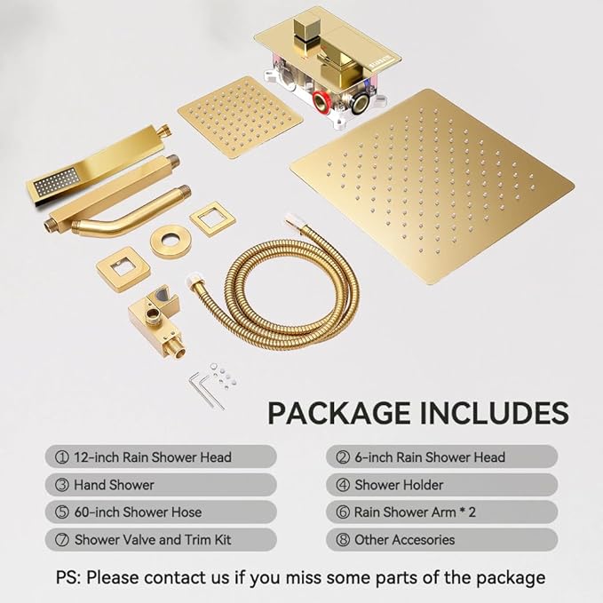 Brushed Gold Shower System, STARBATH 12+6" Multi Head Shower Set with Handheld Spray for Couples, Ceiling Mount Rainfall Shower Faucet Set with 3 Way Shower Valve with 5 Diverter and Trim Kit Complete