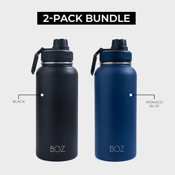 BOZ Stainless Steel Water Bottles 2 Pack Bundle - Blue Water Bottle + Black Water Bottle - Vaccum Insulated Water Bottles 32 Oz - Wide Mouth BPA Free Sport Water Bottles for Gym with Spout Lid