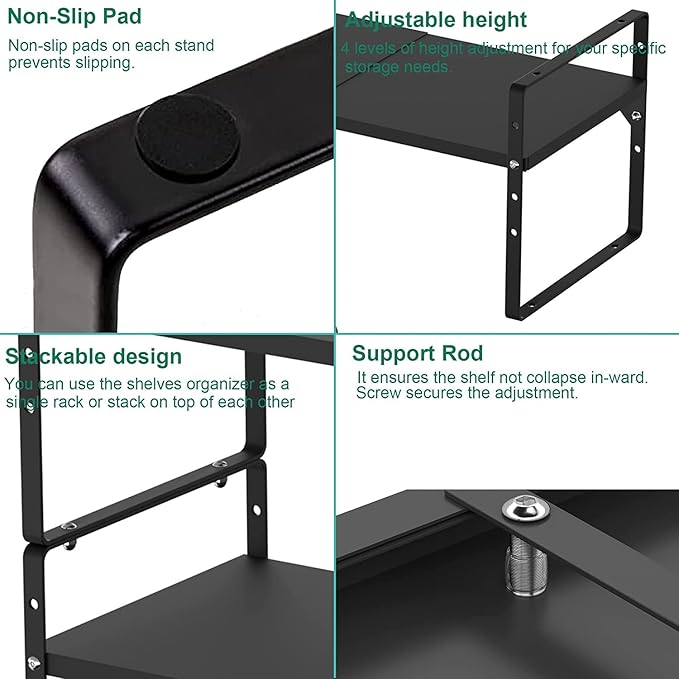 iPEGTOP Expandable Cabinet Storage Shelf Organizer Rack, Heavy Duty Steel Metal Spice Rack Adjustable Height Home Office Garage Pantry Shelf Space Riser for Counter Kitchen Organization, Black, 3 Pack