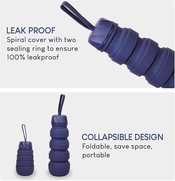 FOLDABLE SILICONE SPORTS WATER BOTTLE BPA FREE FOR WOMEN MEN 550ML CAMPING HIKING OUTDOOR SPORTS DRINKWARE/COLOR BLUE