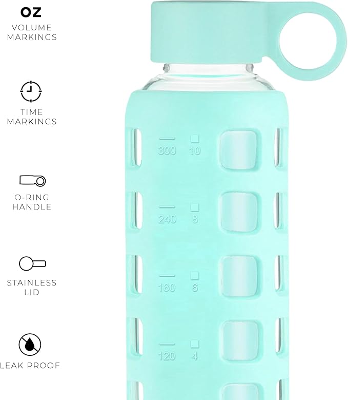 purifyou Premium 40/32 / 22/12 oz Reusable Glass Water Bottles with Time and Volume Markings, Non-Slip Silicone Sleeve & Stainless Steel Lid Insert, for Water, Milk, Juice (12oz Glow in the Dark)