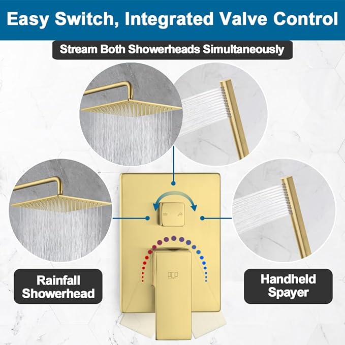 POP SANITARYWARE Shower Faucet Set Brushed Gold, 12 Inch Thickened Shower Head and Handle Set Bathroom Rain Shower System Wall Mounted Shower Fixture Include Shower Valve and Trim Kit