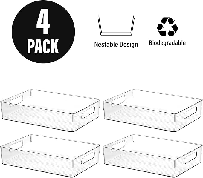 Clear Plastic Storage Bins, Pantry Organizers and Storage, Kitchen Organization and Storage Containers Bins for Organizing, Fridge, Freezer, Bathroom, Pantries, Medicine Cabinet Organizer Bin