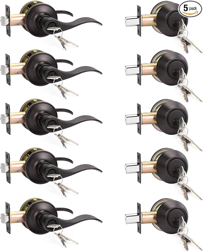 KNOBWELL 5 Pack Exterior Door Lock Set with Deadbolt Front Door Entry Lever Handle and Single Cylinder Deadbolt, Entrance Door Knob and Deadbolt, Oil Rubbed Bronze - Keyed Alike