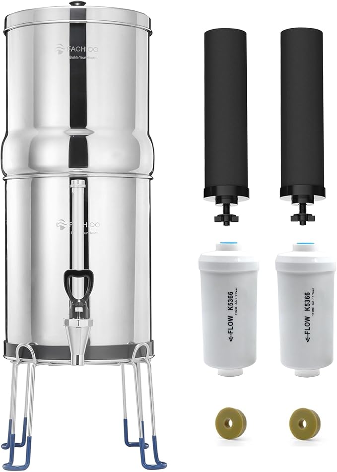 Gravity-Fed Water Filter System, 2.25G Stainless-Steel Countertop System with 2 Black NSF/ANSI 42 Certification Elements, 2 Fluoride, Metal Water Level Spigot, Reduces Fluoride and Chlorine