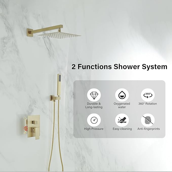 BWE Brushed Gold Shower Faucets Sets 10 Inch Square Bathroom Luxury Rain Shower Head with Handheld Spray Wall Mounted Shower System Rough-in Valve and Trim Included