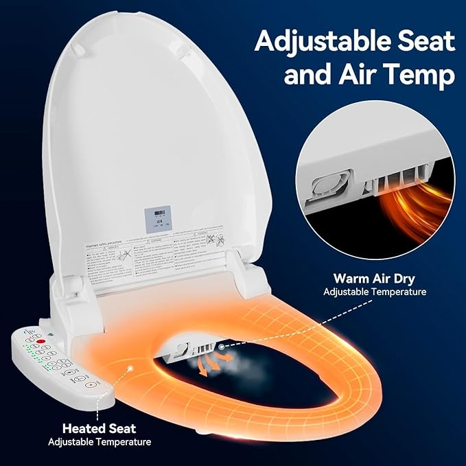 Electric Bidet Toilet Seat, Filtered & Unlimited Warm Water, 8 Modes Spa Wash, Warm Air Dryer, Heated Seat, Self-Clean Stainless Steel Nozzle, HD Night Light. 10-year warranty. (TB-26E,Elongated)