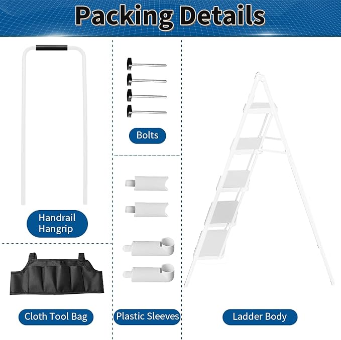 Double Elite Step Ladder 5 Step Folding with Handrails, Safer 5 Step Ladders for Home, Convenient Folding Step Stool with Tool Bag, Sturdy Indoor/Outdoor Ladder for Adults Anti-Slip Pedals, White