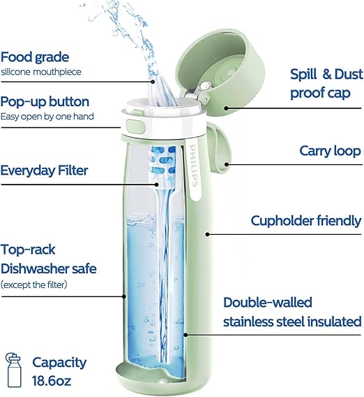 PHILIPS Insulated Stainless Steel Filtered Water Bottle with 3 Philips GoZero Everyday Tap Water Filters BPA Free Transform Tap Water into Healthy Tastier Water Keep Drink Hot/Cold, 18.6 oz, Green