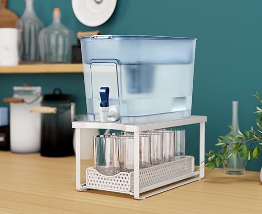 Water Dispenser Stand for Countertop-Metal Black Water Filter Stand 14.5"x7.7"x6.9",with Drawers Suitable,Compatible with Brita Water Pitcher and Zerowater Pitcher (White)