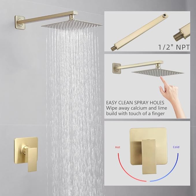 Brushed Gold Shower Faucet Set, Single Function Shower Trim Kit with Rough-in Valve, Square Rain Shower Head System Included Extra Long Shower Arm for Bathroom