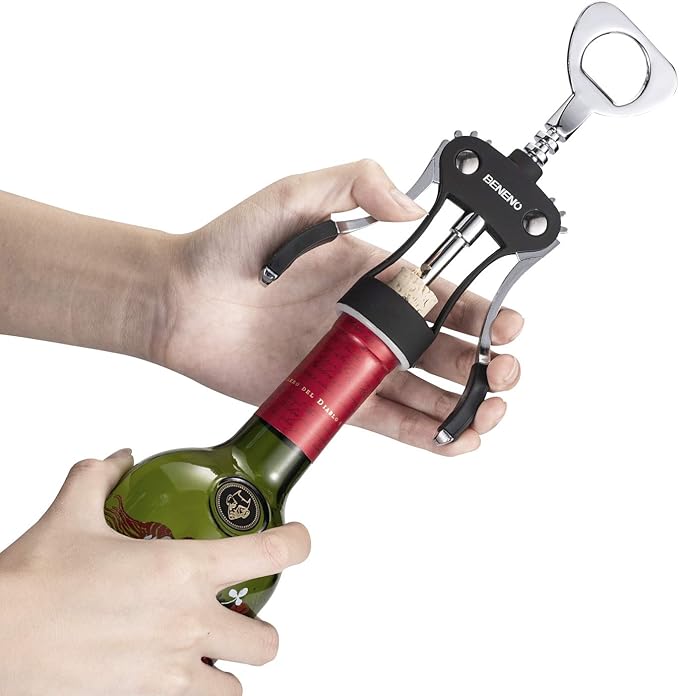 Wine Opener, Zinc Alloy Premium Wing Corkscrew Wine Bottle Opener with Multifunctional Bottles Opener, Sharp Corkscrew with Ergonomic Non-slip Wing Handle, Upgrade Black