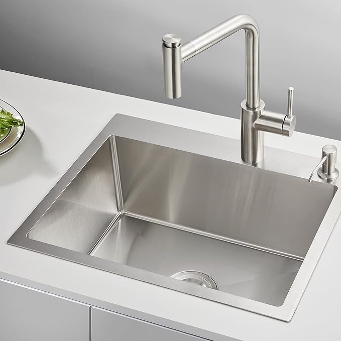 POPFLY 22” Kitchen Sink, 22 x 18 Inch Drop in 304 Stainless Steel Single Bowl Sink 2-Hole, Topmount Handmade Small Prep Bar Sink, Brushed