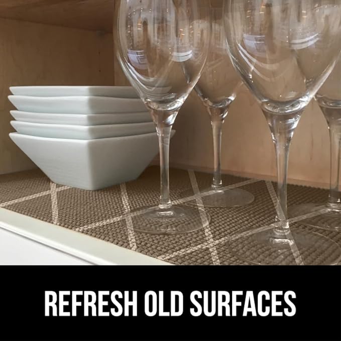 Gorilla Grip powerGRIP Drawer Shelf and Cabinet Liner, Thick Strong Hold, Non-Adhesive Liners Protect Kitchen Cabinets and Cupboard, Bathroom Drawers, Easy Install, Breathable Mat, 17.5" x10', Beige