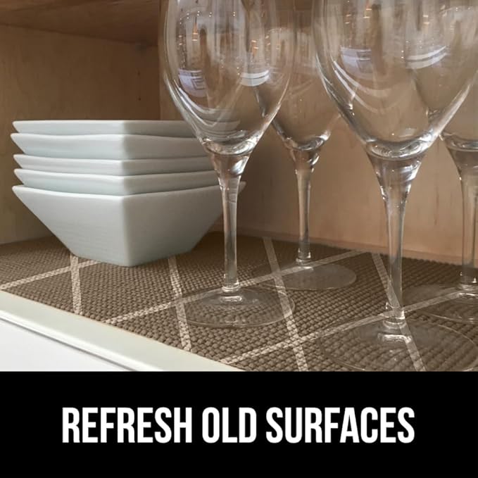 Gorilla Grip powerGRIP Drawer Shelf and Cabinet Liner, Thick Strong Hold, Non-Adhesive Liners Protect Kitchen Cabinets and Cupboard, Bathroom Drawers, Easy Install, Breathable Mat, 12" x10', Beige