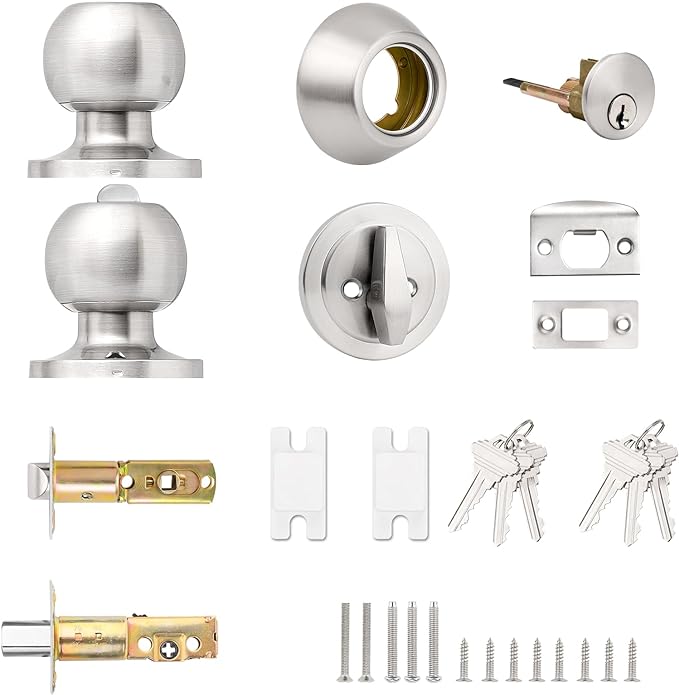 Probrico 3 Pack Exterior Door Knob and Single Cylinder Deadbolt Lock Combo Set, Brushed Nickel Front Door Handle with Lock and Key, Keyed Alike