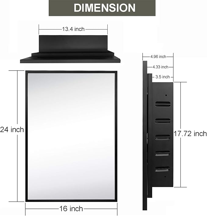 Recessed Medicine Cabinets with Mirror, Black Bathroom Mirror with Storage, Rectangle Medicine Cabinet Vanity Mirrors, Antirust Metal Framed Wall Mirror Recessed or Surface Mount, 16x24 Inch