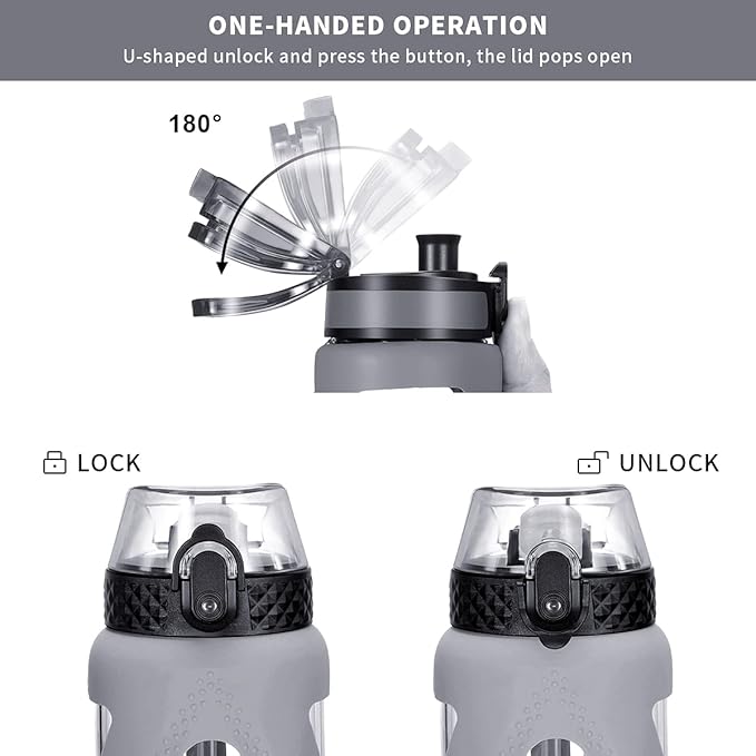 Glass Water Bottles with Straw and Flip Lid, Motivational Water Bottles with Time Marker Reminder and Silicone Sleeve, Leakproof, BPA Free (32 oz, Grey)