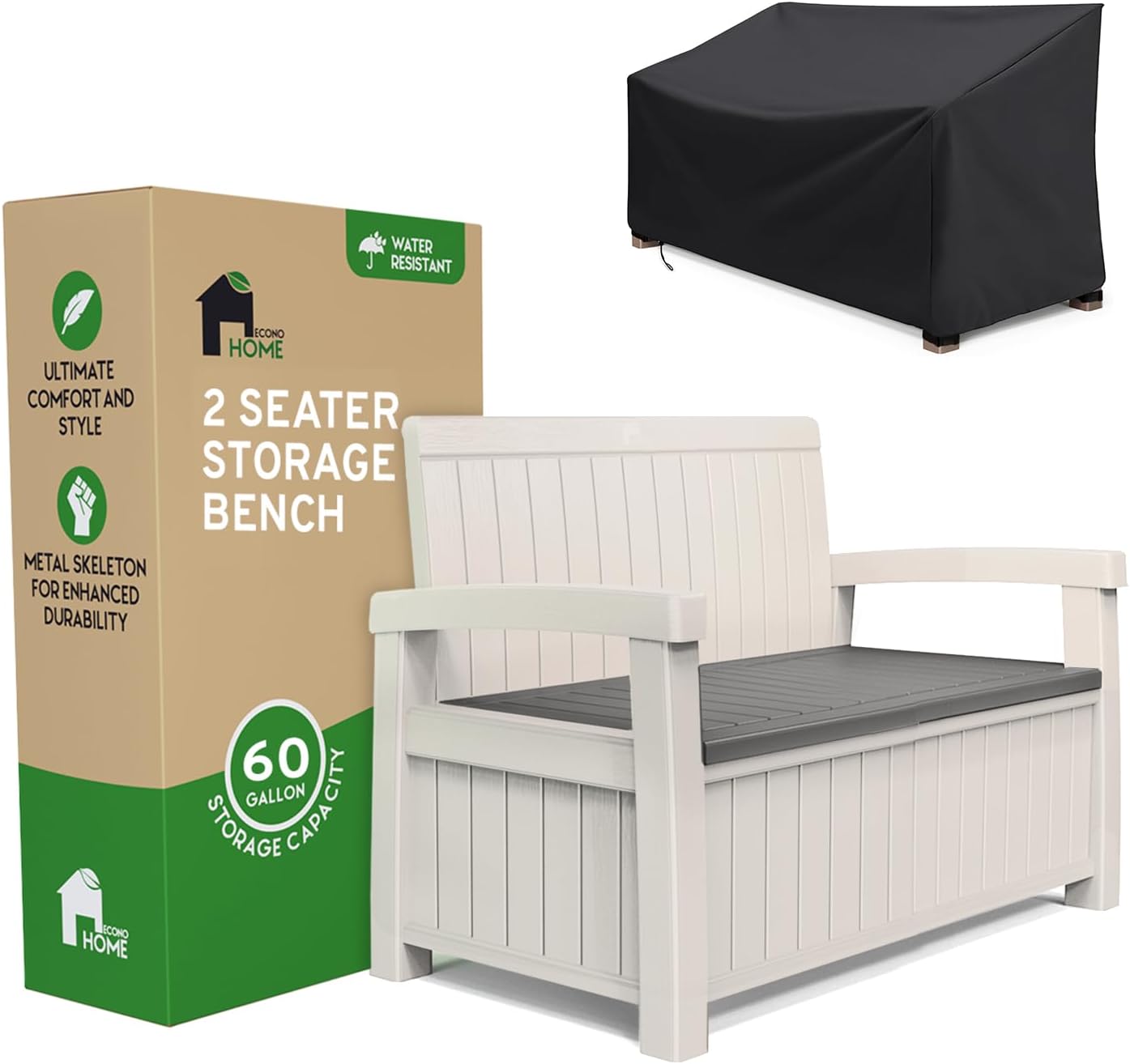 EconoHome 2 Seat Outdoor Storage Bench with Rain Cover - 60 Gallon Capacity - Weatherproof Resin Bench for Patio, Porch, Garden, Yard, Pool Area - Furniture for Pool Accessories, Gardening Tools