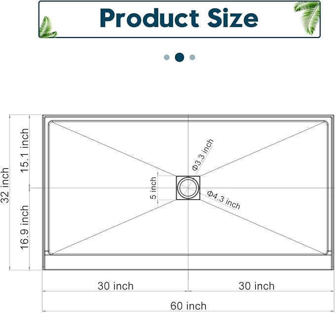 ELEGANT Shower Base 60'' L x 32'' W x 4'' H Center Drain Single Threshold Shower Base Pan Non-Slip Stainless Steel Shower Drain Cover Included