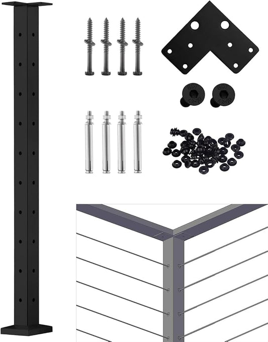 Cable Railing Post - Stainless Steel Square Fence Post for Deck Cable Railing System, Flat top 36"x2"x2" Corner Post 3 Sides Pre-Drilled, Matte Black