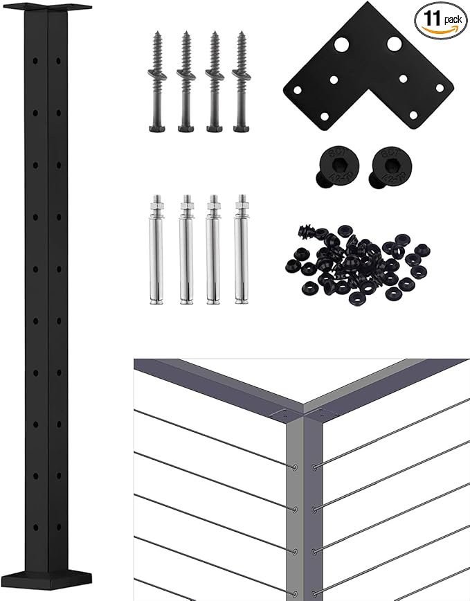 Cable Railing Post - Stainless Steel Square Fence Post for Deck Cable Railing System, Flat top 36"x2"x2" Corner Post Pre-Drilled, Matte Black