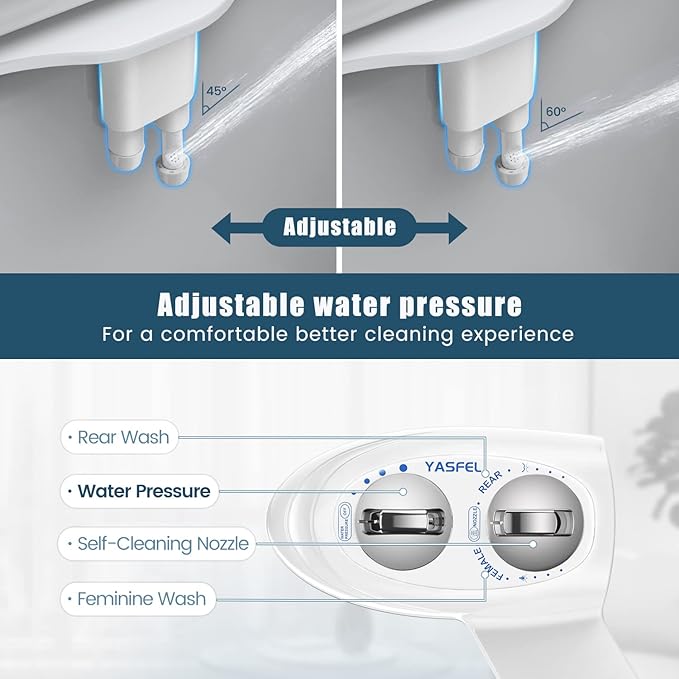 YASFEL Bidet Attachment for Toilet, Self-Cleaning Bidet Sprayer Non-Electric Dual Nozzle for Feminine/Posterior Wash Bidet Toilet Attachment with Pressure Controls (White)