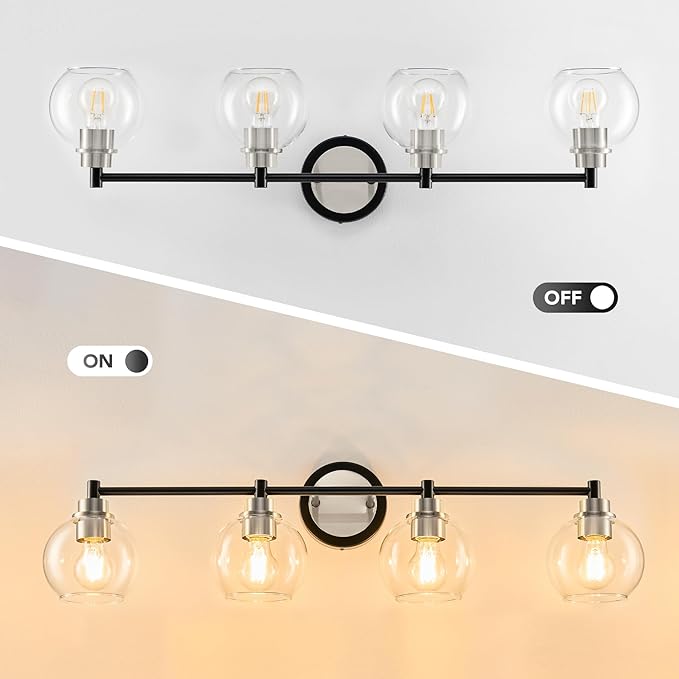VONLUCE Bathroom Light Fixtures, 4-Light Vanity Light with Globe Glass Shades E26 Sockets, Bathroom Lights Over Mirror for Bedroom Hallway Living Room, Black & Nickel Finish