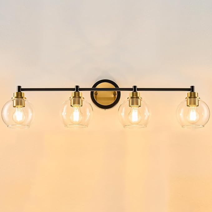 VONLUCE Bathroom Light Fixtures, 4-Light Vanity Lights with Globe Glass Shades, E26 Sockets, Over Mirror for Bedroom Hallway, Black & Gold Finish